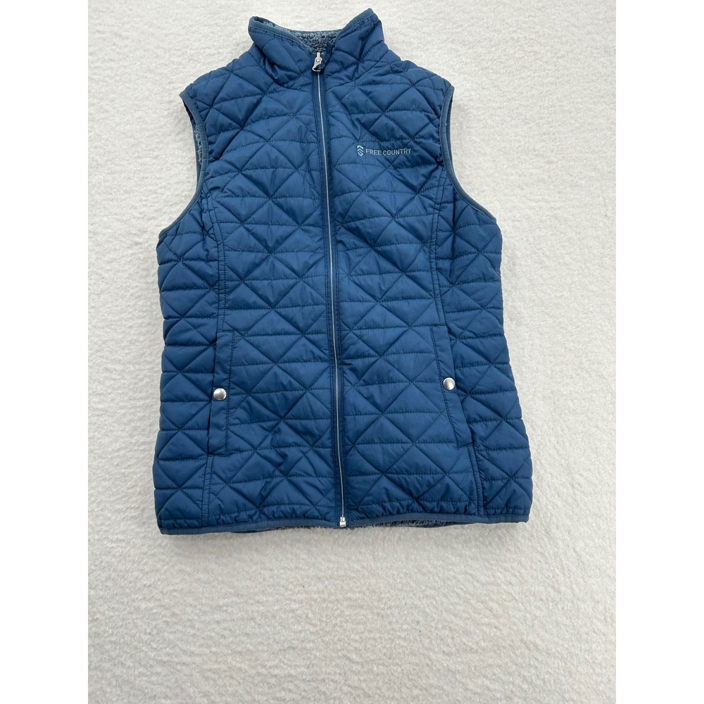 Free Country Womens Quilted Puffer Vest Navy Blue Fleece Lined Small Zip Up